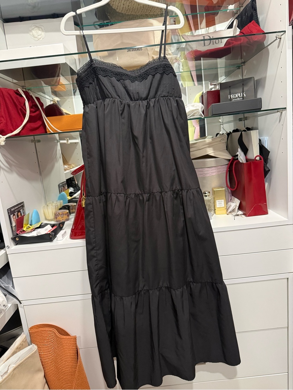 Zara Black Tiered Maxi Slip Dress with Lace Trim
